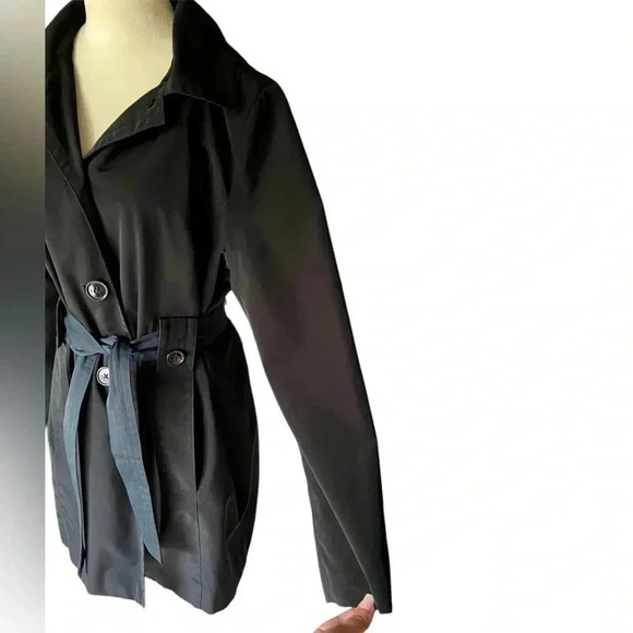 London Fog Belted Button Front Hooded Trench Coat Black Women Size L - Picture 6 of 11